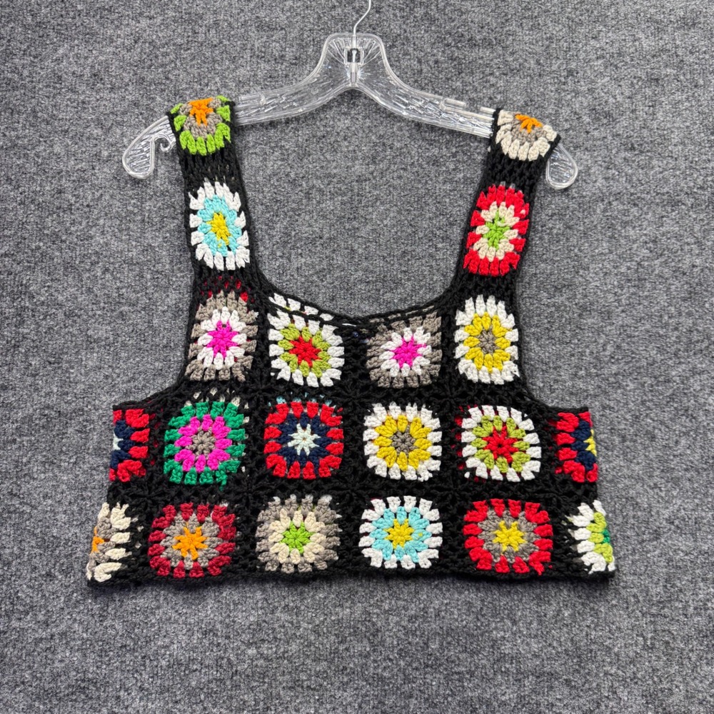 India Boutique Crochet Granny Square Tank Top Women M Black Multi Boho Festival